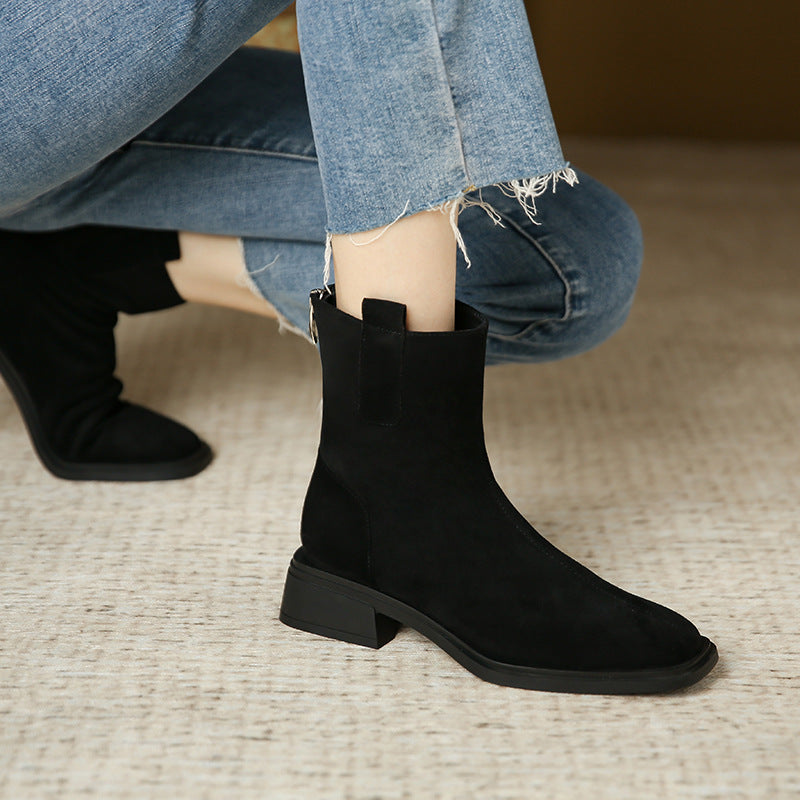 3103-3 autumn and winter new suede Martin short boots women's British style rear zipper square toe thick heel low tube retro women's boots