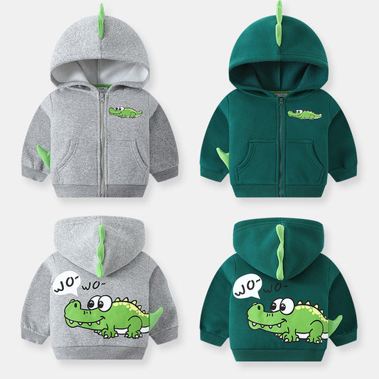 New autumn and winter children's cartoon crocodile sports hooded baby plus velvet jacket boy zipper shirt one piece 