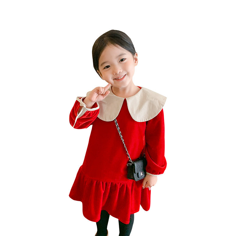 Korean children's clothing 2021 autumn and winter new children's dresses for girls, baby velvet large lapel princess dress 