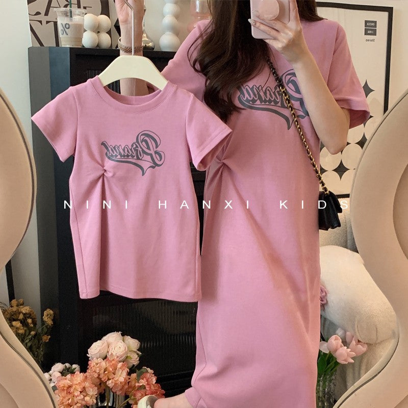 Korean style children's clothing, parent-child and mother-daughter clothing, summer letter-knotted straight dress, girls' loose casual T-shirt dress 