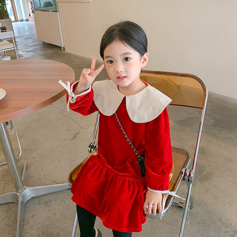 Korean children's clothing 2021 autumn and winter new children's dresses for girls, baby velvet large lapel princess dress 