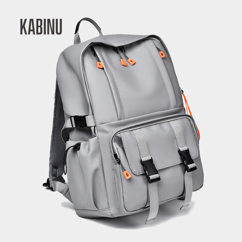 Kabinu casual backpack leather film waterproof outdoor middle school student bag solid color business computer backpack 