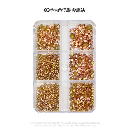 Internet celebrity new manicure pile diamond 6 grid boxed white pink pointed bottom diamond glass rhinestone nail jewelry wholesale 