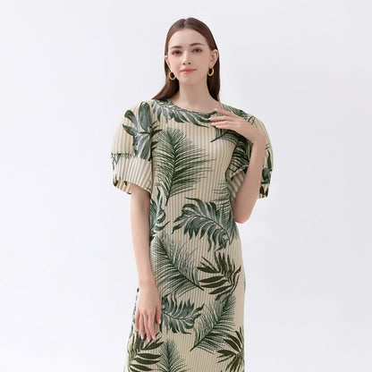 2023 summer new French style casual puff sleeve slim slim round neck short-sleeved dress female A-line skirt female 