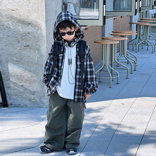 Mikoshi children's clothing children's autumn clothing boys' plaid jacket spring and autumn 2024 new boys' hooded casual tops 