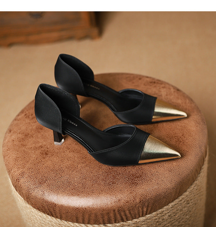 699-72 Niche pointed-toe hollow high-heeled shoes new temperament stiletto design sense French ladies color matching shoes 