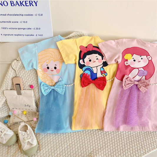 2023 Girls' Fashionable Mesh Cartoon Bow Dress Elsa Princess Skirt Summer Mid-Length Short Sleeve T-Shirt Dress 