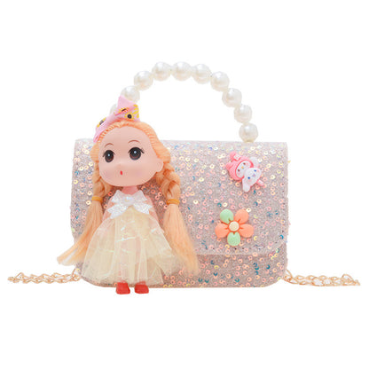 ကလေးအိတ်ဖက်ရှင်ပုလဲလက်ကိုင်အိတ်အသစ် Cartoon Doll Shoulder Bag Girls Chain Crossbody Bag လက်ကား 