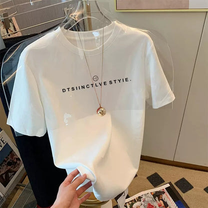 2023 new front shoulder hot style pure cotton short-sleeved T-shirt women's simple casual fashion all-match white top spring and summer 