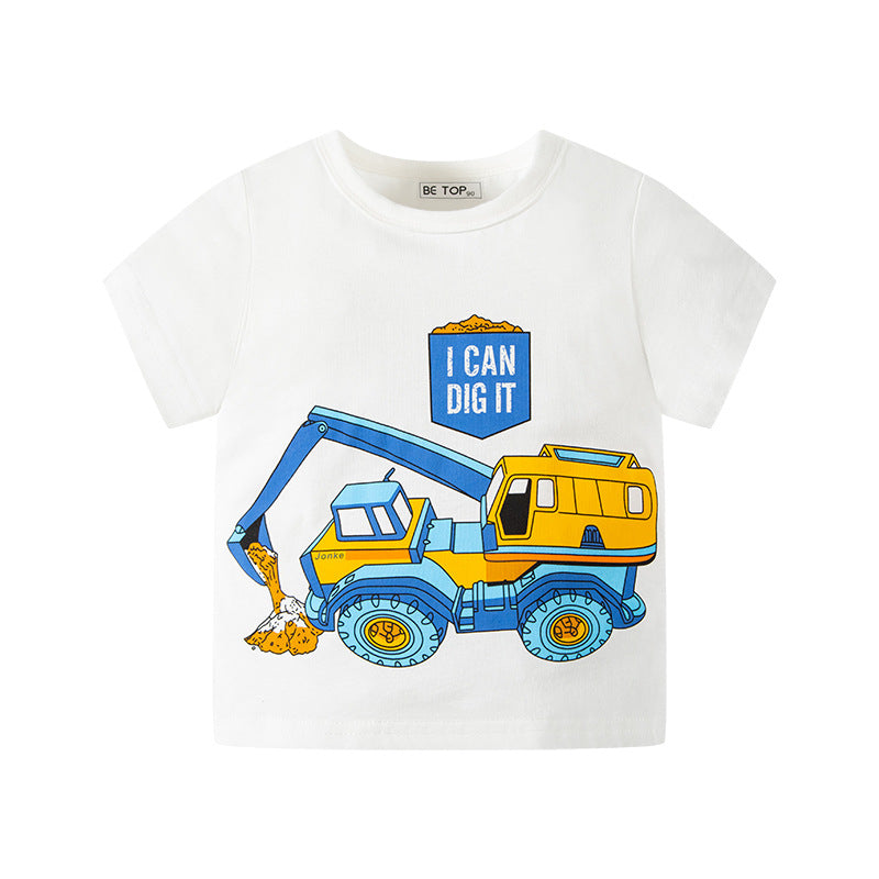 2024 Summer Children's Cartoon Car Short Sleeve T-shirt Excavator Printed Top Baby Clothes Children's Clothing Trendy Delivery 