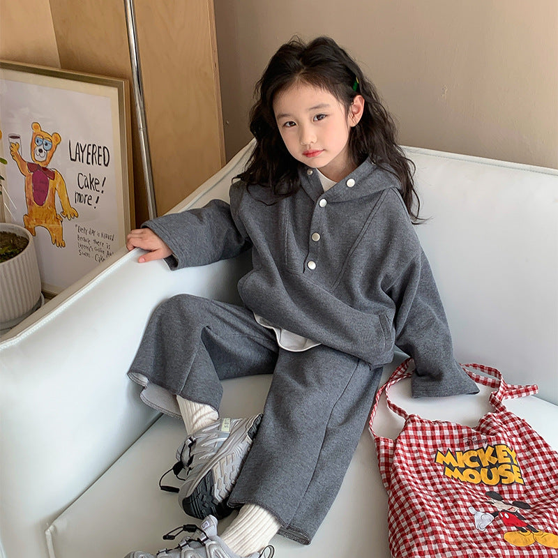 Korean children's clothing 2024 spring new girls suit children's stylish hooded sweatshirt wide-leg pants two-piece suit 