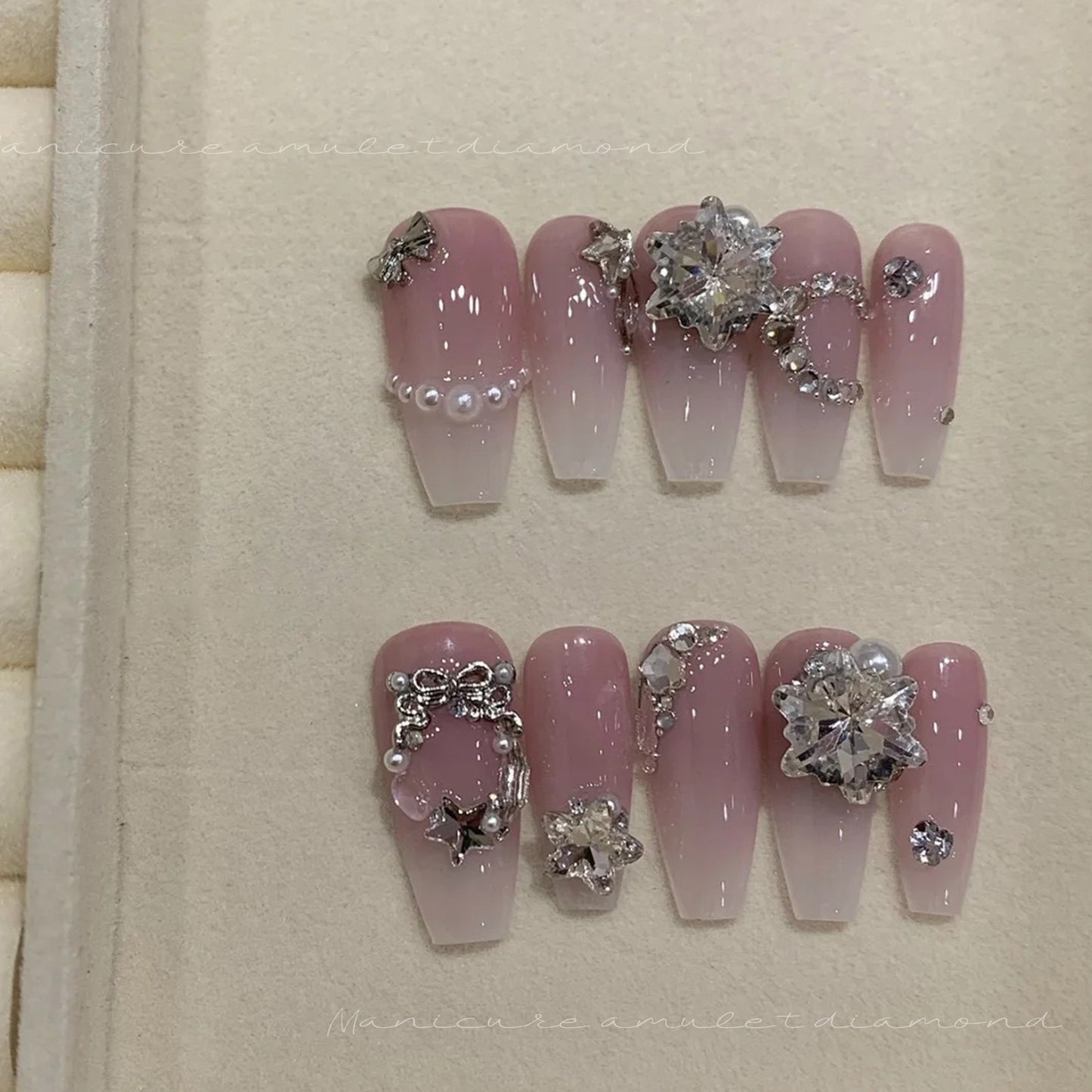 Internet celebrity popular nail art crystal pile diamond finished product super flash crooked heart rectangular handmade pearl nail decoration wholesale 