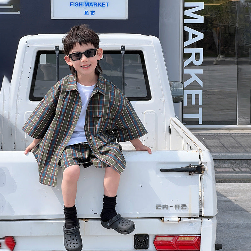 ကလေး နွေရာသီ ယောက်ျားလေးများ ရှပ်အစုံ Little Boy Plaid Shirt ပေါ့ပေါ့ပါးပါး နှစ်ကွက်တွဲ 2024 နွေရာသီ အဝတ်အစားအသစ်များ 