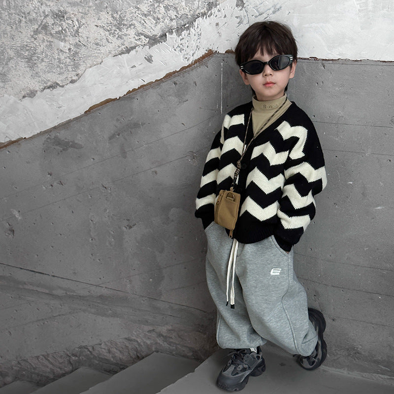 [Clearance Sale] Children's 2023 Winter Thickened Sweater Jacket Boys and Girls Black and White Striped Knitted V-Neck Cardigan 