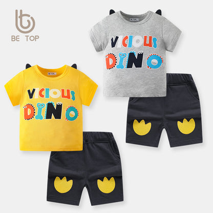 Boys dinosaur two-piece summer suit new children's casual round neck boy short-sleeved shorts small children Korean version children's clothing 