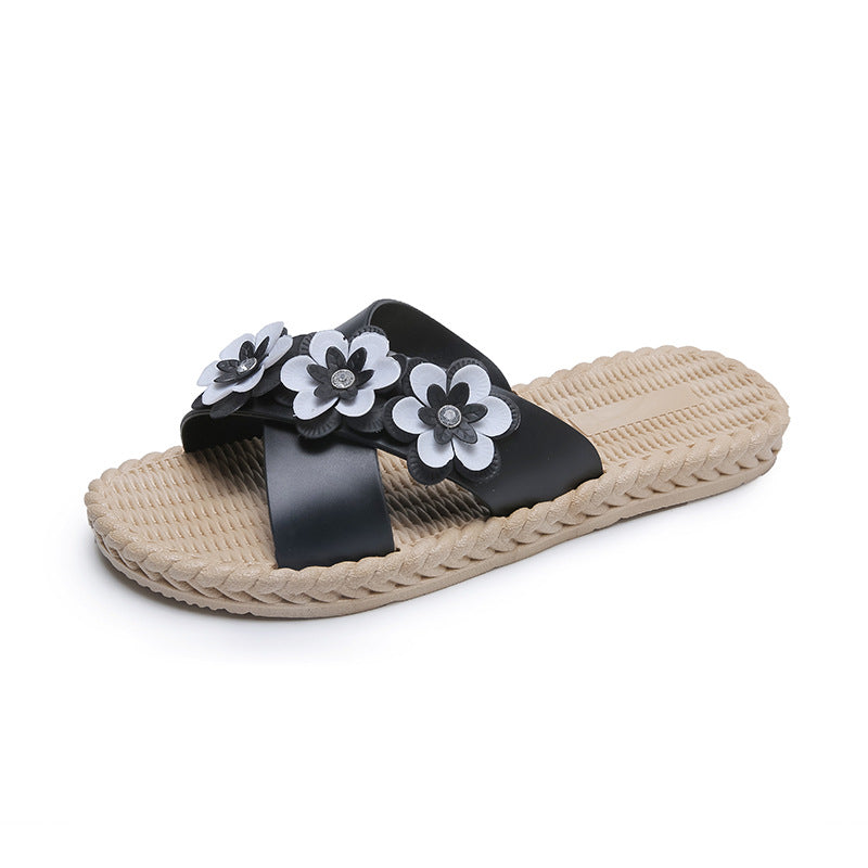 2022 new flower summer one-word slippers women's outerwear fashion Korean version wear-resistant non-slip ladies flat sandals and slippers 