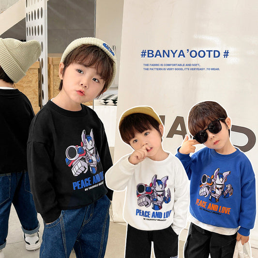 100% pure cotton spring and autumn new children's clothing boys' sweatshirts fashionable and versatile round neck tops cute cartoon trend 