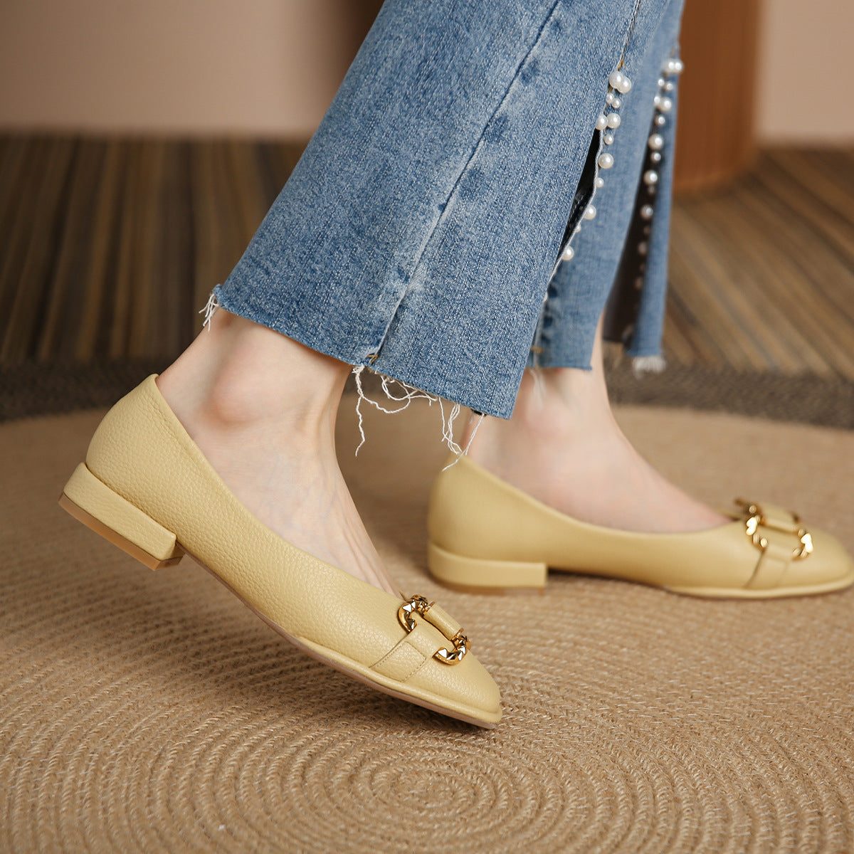 JH-3 square toe lychee pattern shallow mouth scoop shoes horsebit buckle low heel single shoes female lazy slip on commuting work women's shoes 