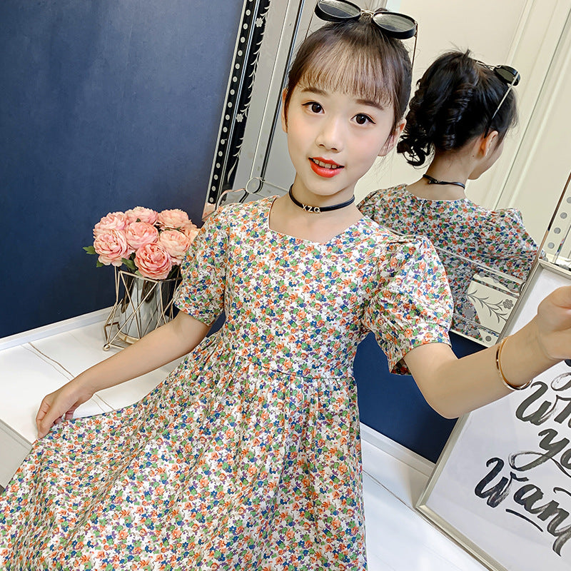 2024 Summer Girls French Puff Sleeve New Style Dress Square Neck Floral Cotton Skirt Short Sleeve Pastoral Slim Trend 