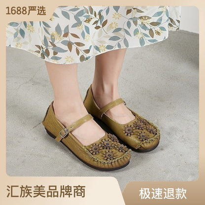 2023 spring and summer new shallow mouth single shoes women's leather three-dimensional flowers slip-on shoes Guangzhou original women's shoes