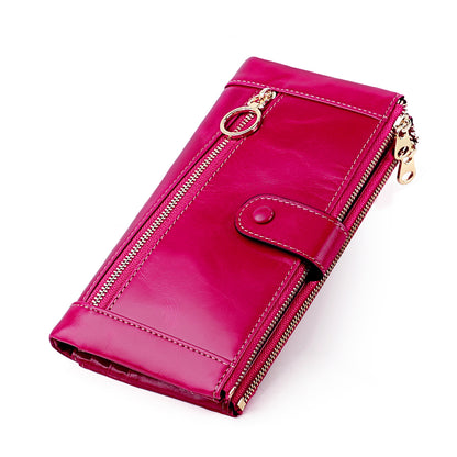 Korean style fashion mobile phone coin clutch rfid anti-theft brush long wallet retro oil wax genuine leather ladies wallet 