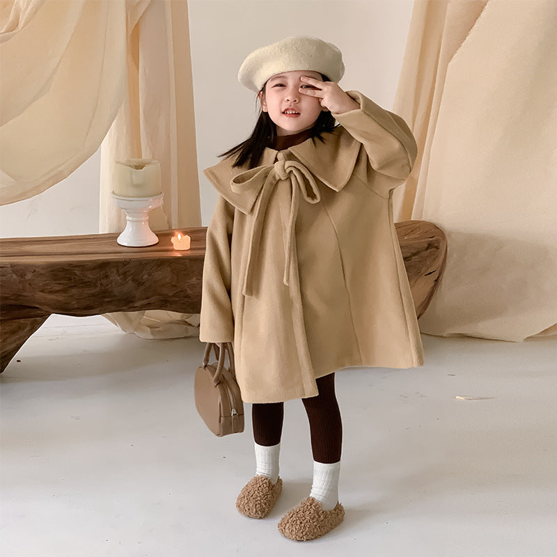 2023 Winter New Children's Tweed Coat Girls Baby Plus Velvet Thickened Bowknot Camel Cape Coat 