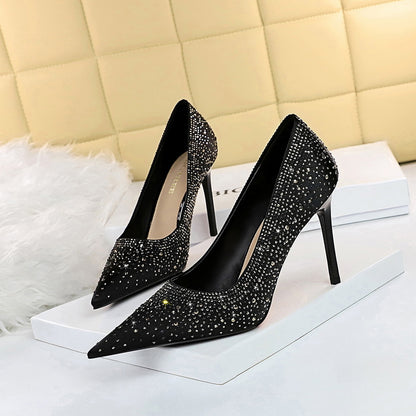 17189-5 European and American style sexy high-heeled shoes stiletto high-heeled shallow mouth pointed satin shining rhinestone women's shoes single shoes 