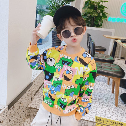 2023 Spring and Autumn New Boys Full Print Sesame Street Cute Loose Small and Medium-sized Boys Handsome Sweater Tops 