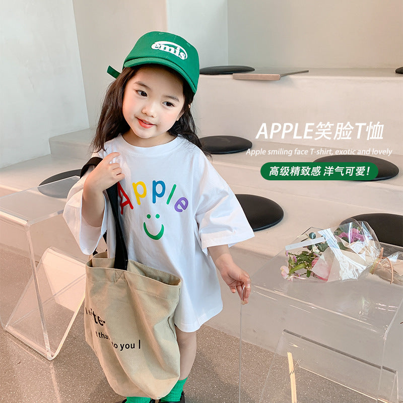 Korean children's clothing 2024 summer new small and medium-sized children's colorful smiley face letters loose short-sleeved T-shirt half-sleeved bottoming shirt 