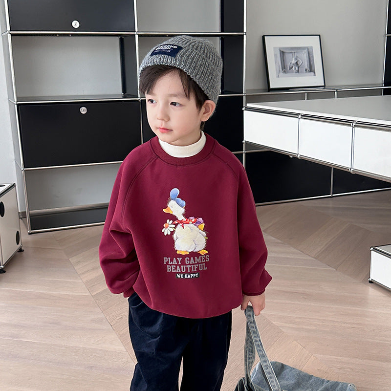 Amo Beibei 2023 Autumn and Winter Cute Warm Tops for Boys and Girls Baby Velvet Cartoon Letter Loose Sweatshirt 