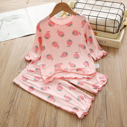 2023 Girls Pajamas Set Home Clothes Children Ice Silk Summer Short Sleeve Sweet Girl Baby Thin Air Conditioning Clothes 