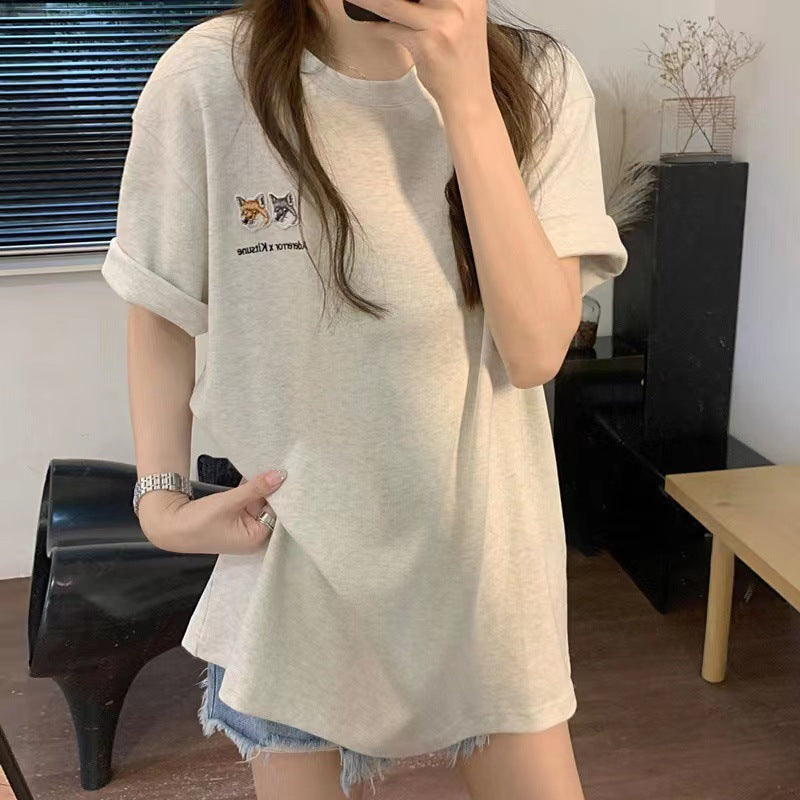 2023 ADER Summer New Embroidered Cartoon Fox Short-sleeved Men's and Women's Casual Couples Loose Niche Trendy Brand T-Shirts 