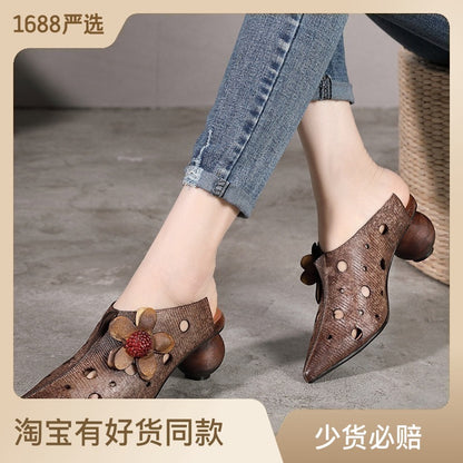 Manufacturers flower pointed leather fashion high-heeled shoes national style retro literary women's shoes spring new half-support 