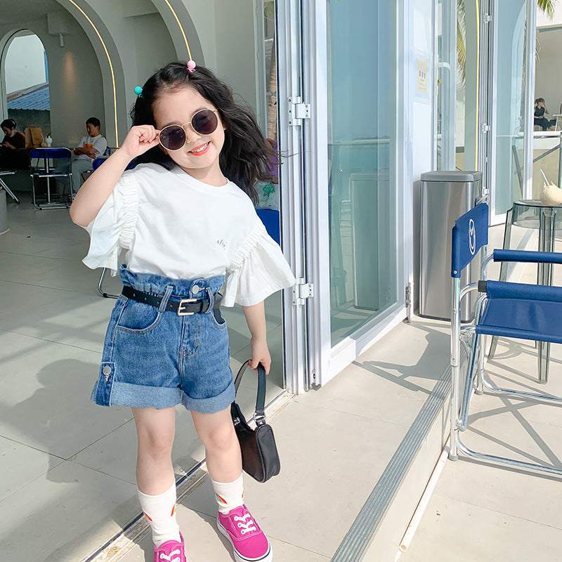 Korean children's clothing 2024 spring new children's shorts girls stylish curled jeans small and medium children's flower bud hot pants 