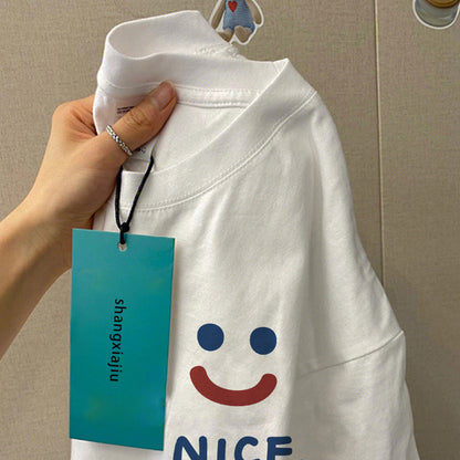 Loose short-sleeved t-shirt women 2023 summer new all-match round neck smiley print top white half-sleeve T-shirt tide 