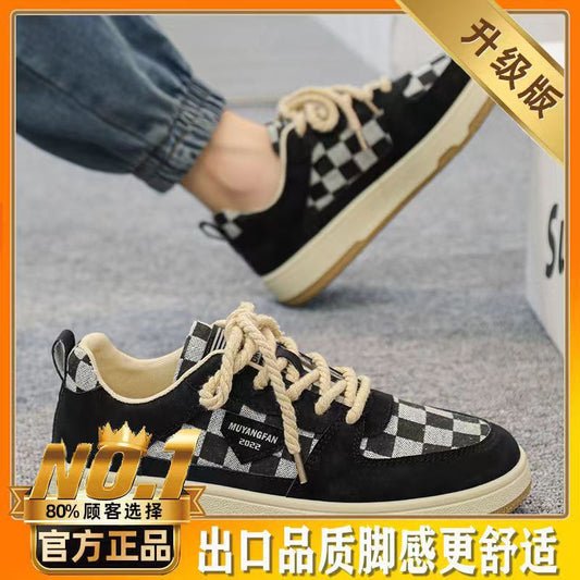 Men's shoes spring 2023 new shoes men's Hong Kong style retro checkerboard student board shoes trendy all-match sports shoes 