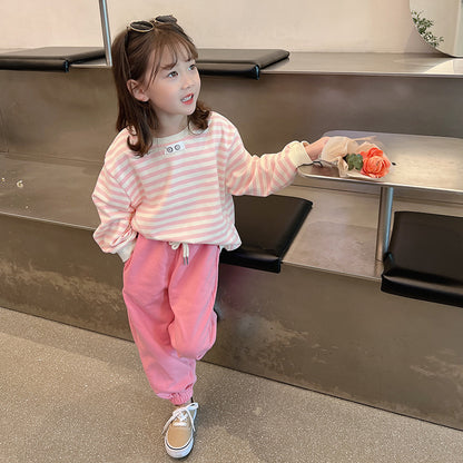 2023 Spring and Autumn New Girls Sweatshirts and Sweatpants Korean Style Striped Casual Suits for Children and Medium-sized Children Western Style Two-piece Children's Clothes 