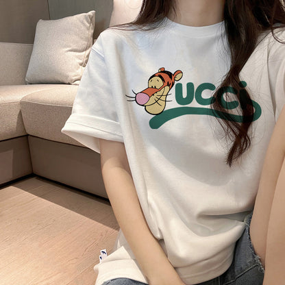 White short-sleeved T-shirt women's 2023 summer new Korean version printing loose large size shoulder round neck T-shirt top 