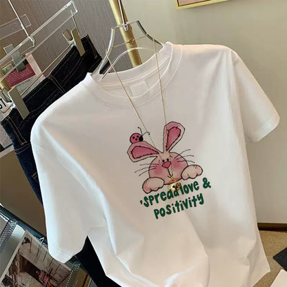 Short-sleeved t-shirt women's summer 2023 new round neck cartoon rabbit print Korean version loose casual top women's ins tide 