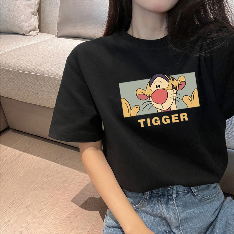 Retro chic Hong Kong style dark gray short-sleeved t-shirt female summer Korean bf Harajuku style student loose cartoon top 