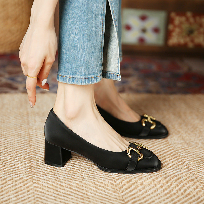 JH628-1 Saddle Mouth One Pedal Square Thick Heel Women's Shoes French Square Toe Shallow Mouth Single Shoes Fashion Middle Heel အလုပ်ဖိနပ်