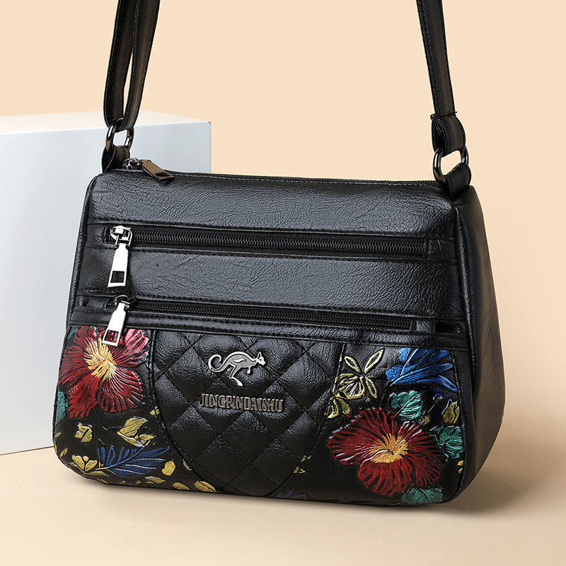 2023 new middle-aged mother bag pure handmade hand-painted pattern fashion large capacity embroidery design multi-layer cross-body bag