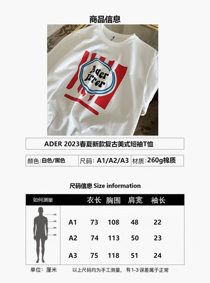 ADER2023美式复古短袖T恤夏季字母宽松圆领短袖女百搭潮牌半袖女