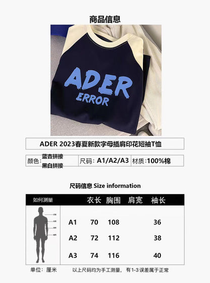 ader 2023夏季新款印花字母插肩T恤韩版宽松短袖男女情侣款上衣潮