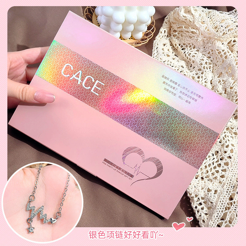 CACE Pink Party Lip Makeup Set 6 Pack Transparent Lip Gloss Matte Lip Mud Moisturizing Lip Milk Free Necklace 