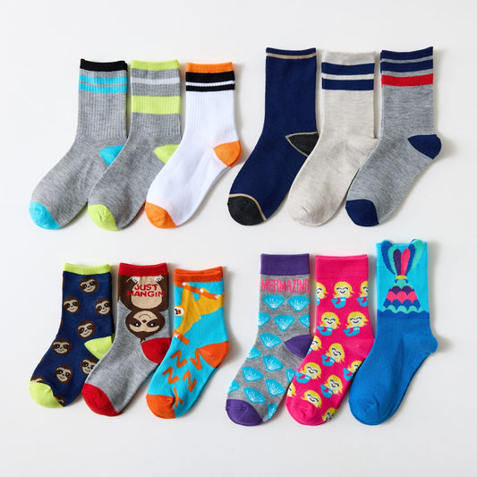 2023 foreign trade export quality spot medium-length socks for men and women, children's socks, student socks, cross-border 3 pairs, medium and large children 