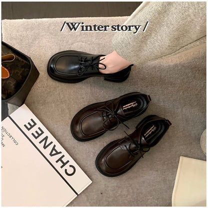 Grape Mom Studiolee Full Leather Small Leather Shoes Autumn and Winter New Round Toe Lace Up Thick Bottom Loafer Shoes Women 