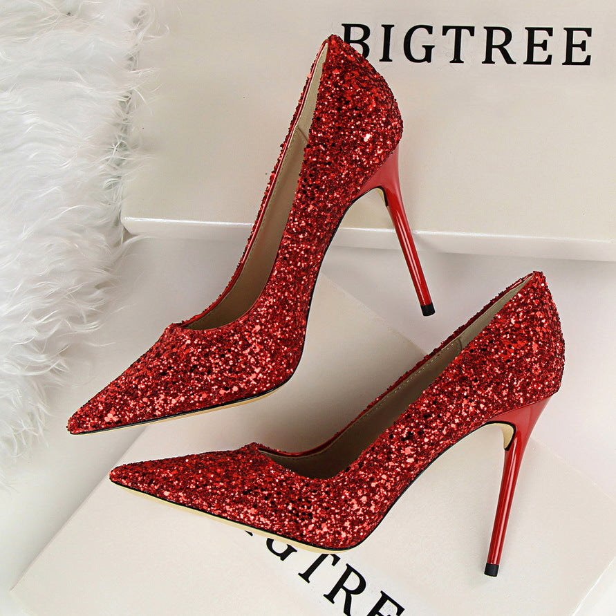 9219-1 European and American style women's shoes, high heels, shallow mouth, pointed toe, sparkling sequins, sexy slimming nightclub high heels single shoes 