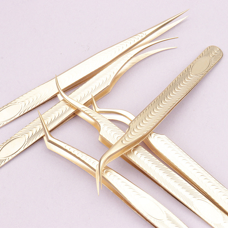 Wholesale eyelash grafting auxiliary tools stainless steel golden wood grain tweezers multifunctional flowering tweezers 