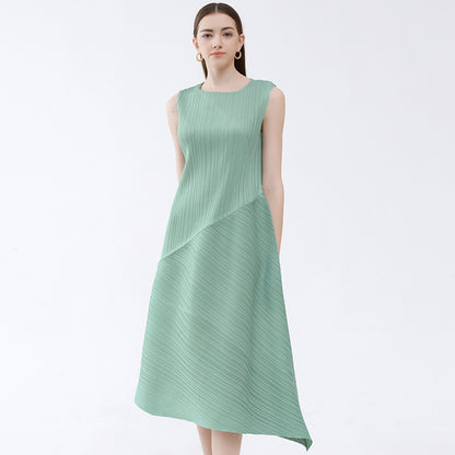 2023 summer Miyake air sense loose pleated sleeveless dress women's mid-length simple splicing irregular skirt 